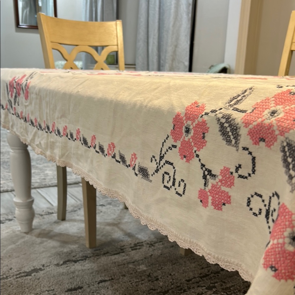 Vintage Cream Linen Floral Embroidered Tablecloth with Elegant Edging-Pink/Gray